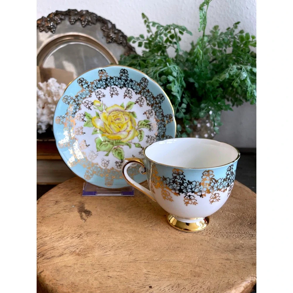 Vintage Stanley Bone China Teacup Saucer Yellow Rose Blue Gold England - Picture 4 of 10